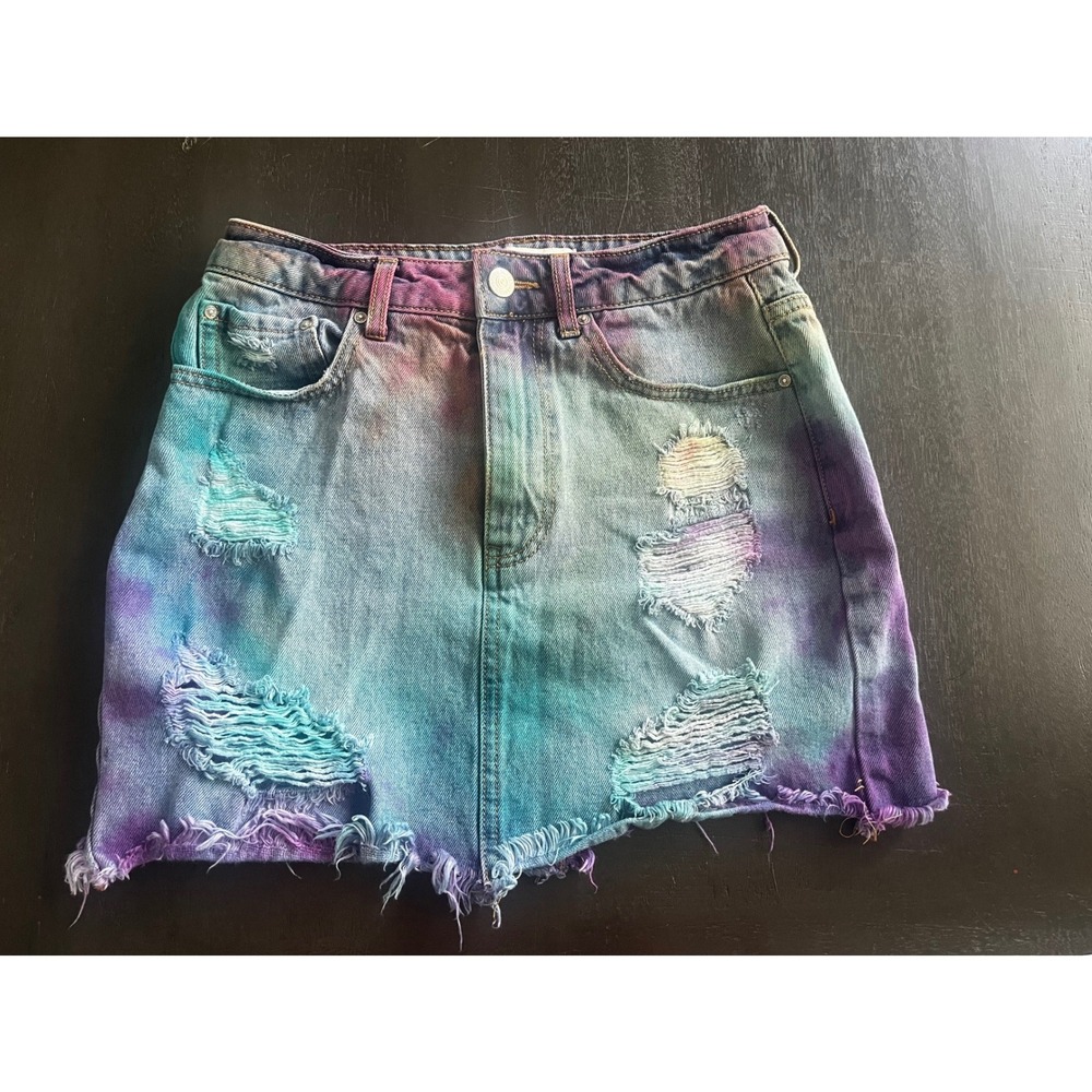 Forever 21 Tie Dye Distressed Denim Mini Skirt Purple Blue Teal Women Small Boho